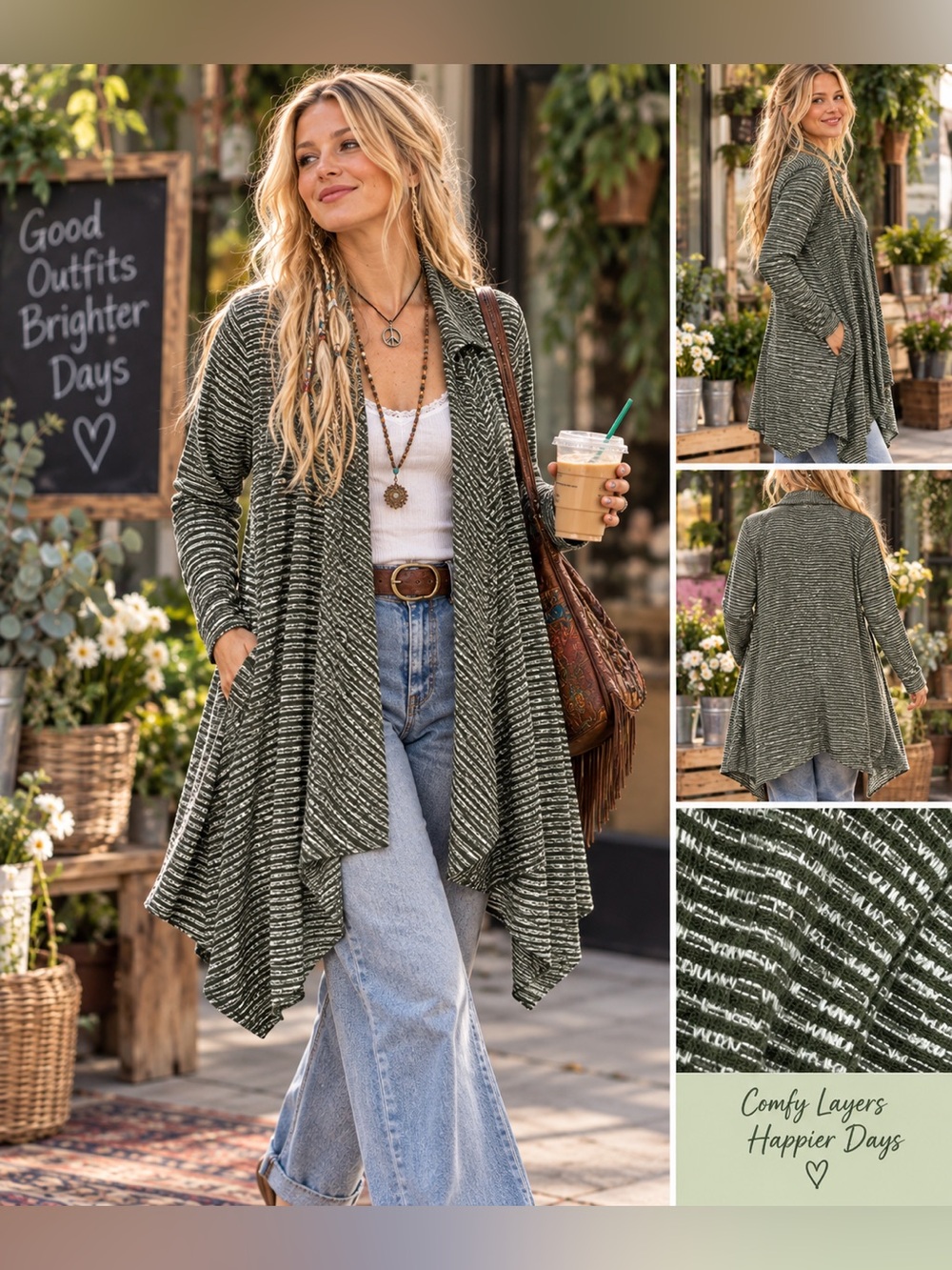 Honey & Lace 3X Dark Green Open Front Long Cardigan with Pockets